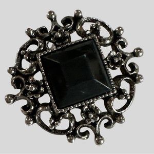 Vintage Unmarked Silver Toned Brooch with Black Inset Resin or Acrylic Stone